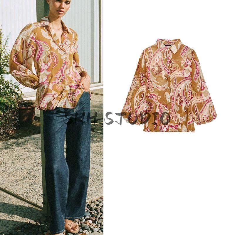 Spring New Women's Clothing French Casual Loose Lapel Long Sleeves Translucent Print Shirt 2502126