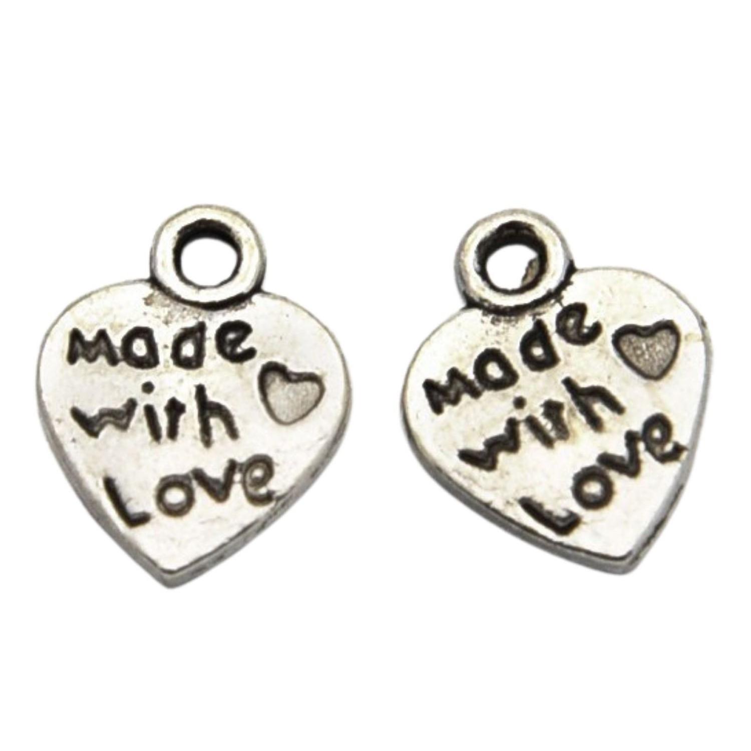 Lot de 20 breloques argentées coeur made in love fait avec amour
