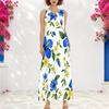 Women Plus Size Notch Neck Sleeveless White Blue Yellow Floral Printed A Line Long Maxi Dress