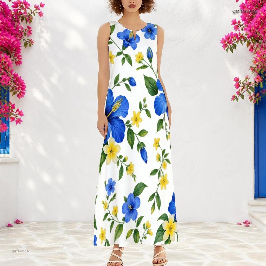 Women Plus Size Notch Neck Sleeveless White Blue Yellow Floral Printed A Line Long Maxi Dress