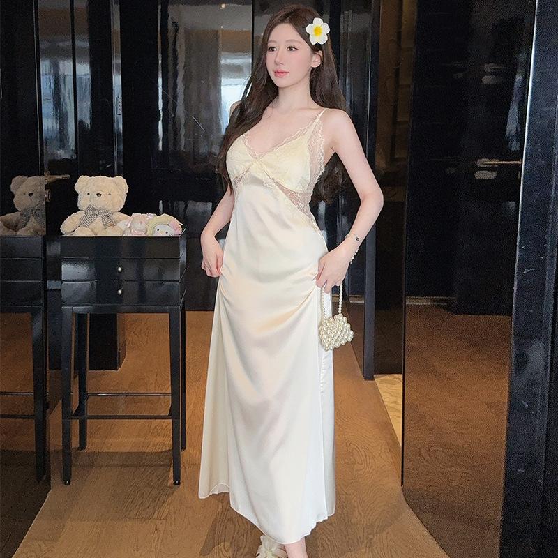 French pajamas women's summer ice silk suspender nightgown two-piece set sexy back waist thin nightgown with chest pad
