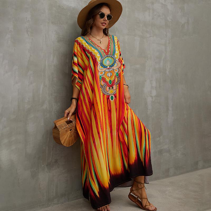 Beach Vacation Loose-Fit Rayon Print Cover-Up Shirt