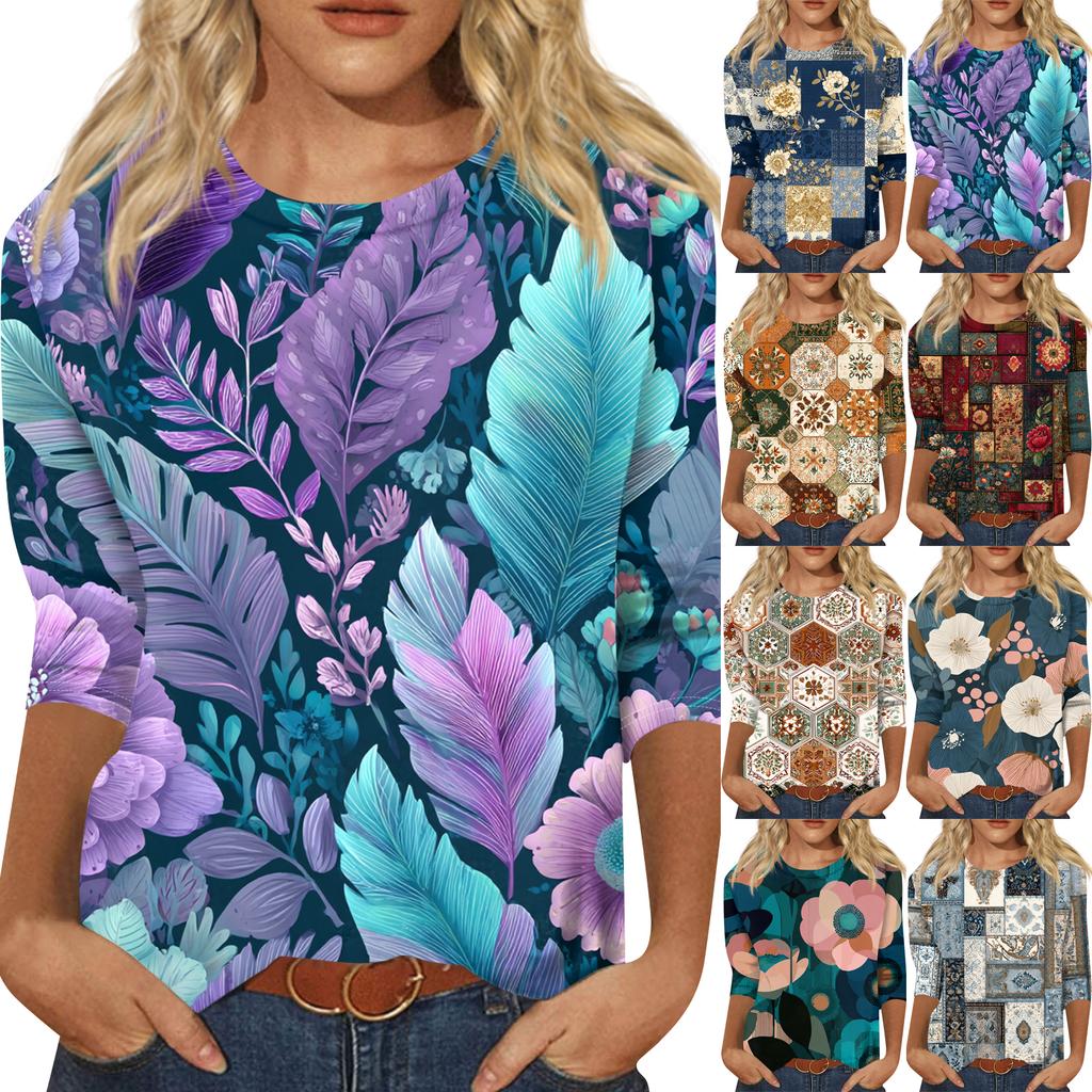 Women's Fashion Casual Round Neck Three-quarter Sleeve Retro Floral Print T-shirt Top