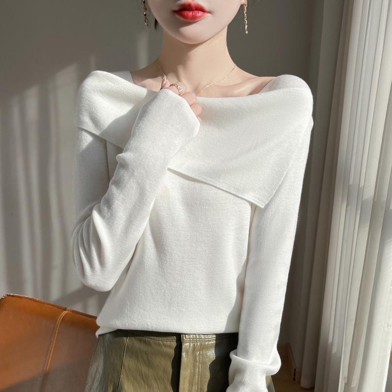 

Женский трикотажный топ из мериносовой шерсти с открытыми плечами и асимметричным длинным рукавом, весна/лето, французский шик S белый