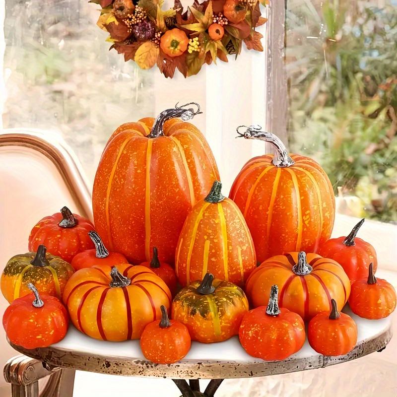 16pcs Artificial Foam Autumn Pumpkin Set Multi-Sized Decorative Pumpkins Thanksgiving Halloween Fall Decor Tabletop Centerpiece