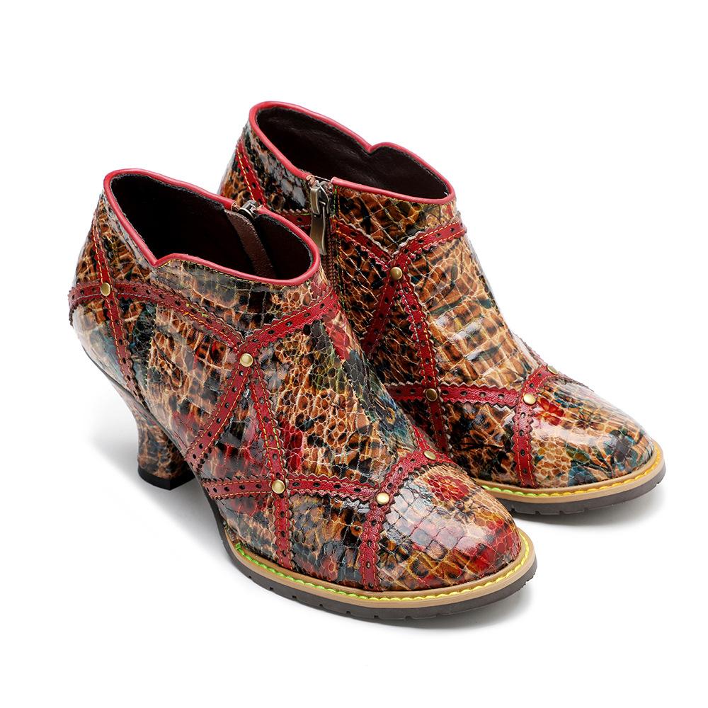 Johnature Rýt Spliced ​​Fashion High Heels Dámské z pravé kůže s kulatou špičkou Všestranné lodičky