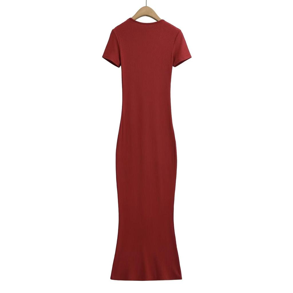 Chic V-neck Slim Fit Short-Sleeve Dress: European & American Style Summer Midi
