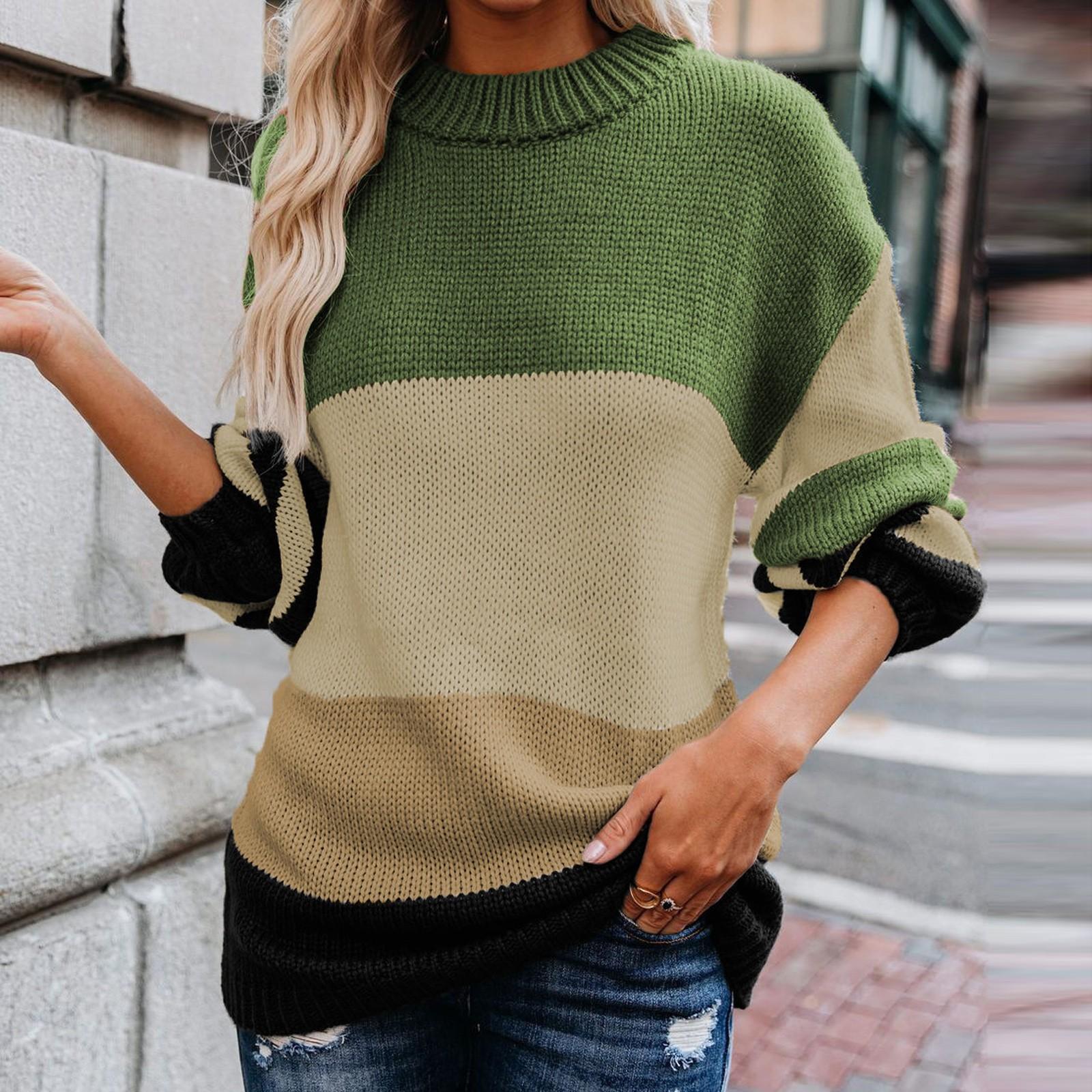 

Женский повседневный свободный свитер в полоску с цветными блоками, большой размер, круглый вырез M зелёный