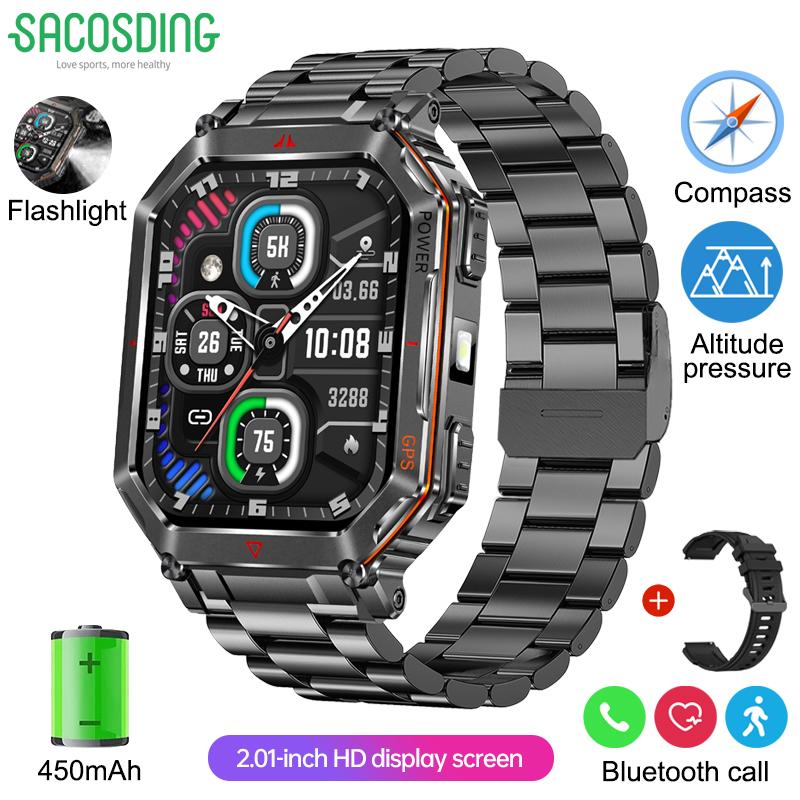 SACOSDING Rugged GPS Smart Watch 2.01" HD Screen 3ATM Waterproof Bluetooth Call Men Smartwatch GPS Positioning Compass Flashlight