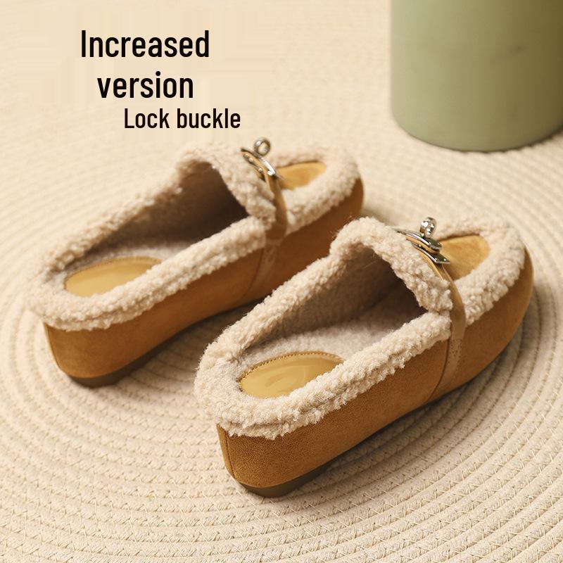 Cozy Ladylike Furry Slipper Mules with Metal Buckle & Hidden Heel - 2025 Autumn/Winter