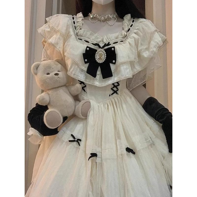 Vintage Elegant Lolita Dress Women Sweet Bow High Waist Fairy Party Dresses Summer Cosplay Costumes French Princess Dresses