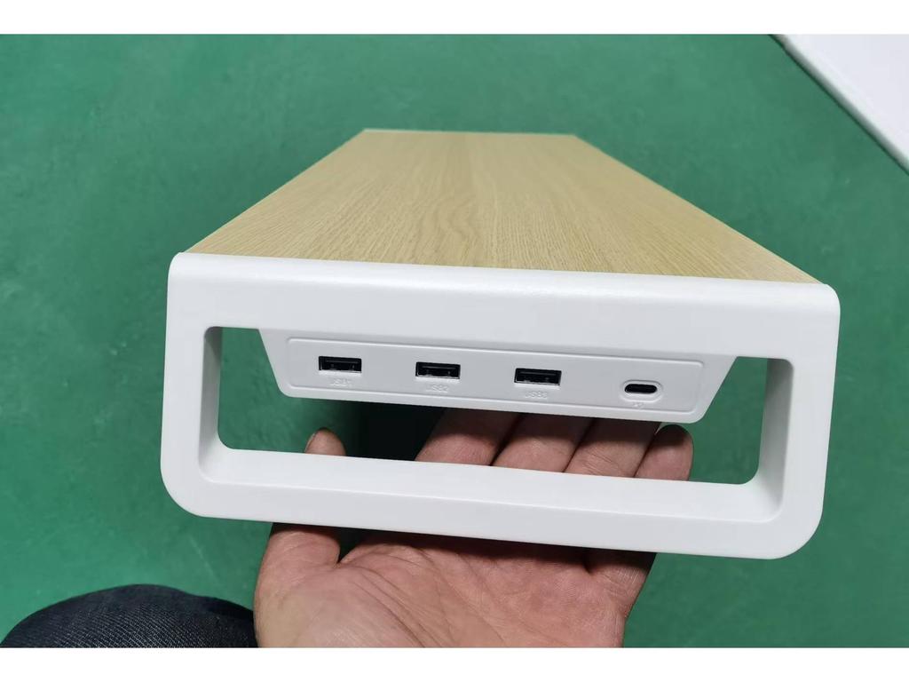 Computer Monitor Stand with USB & Type-C Ports, Keyboard Storage, and Rack.