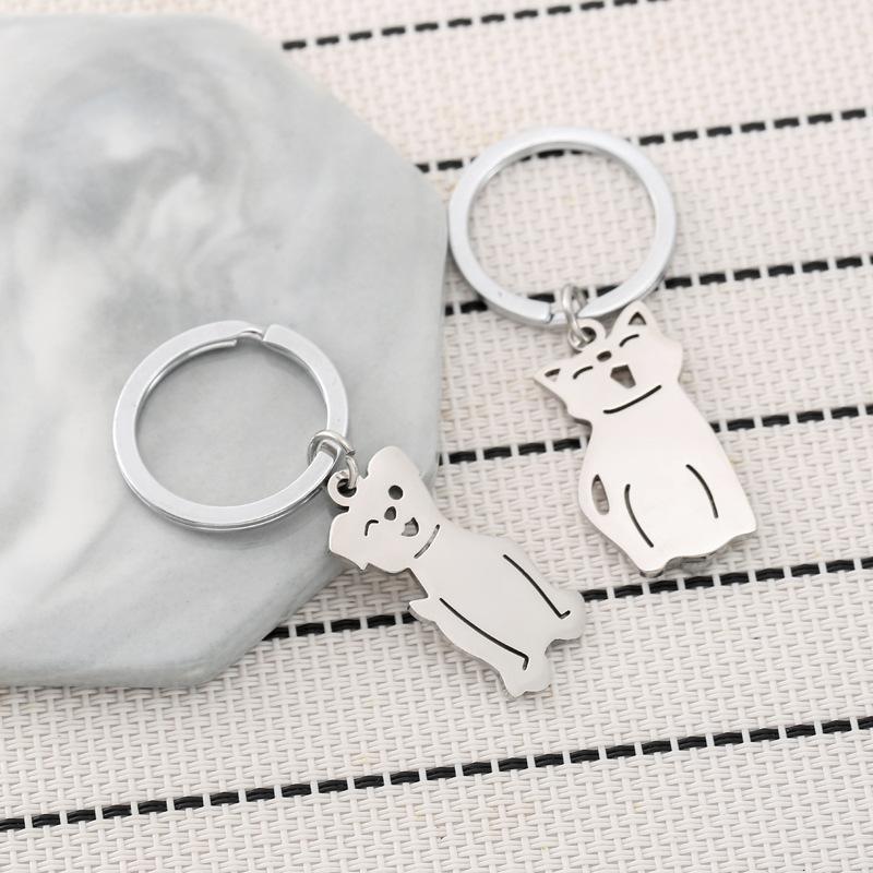 Cartoon Cat Dog Stainless Steel Keychain Cute Pet Design Fashion Couple Pendant Practical Animal Lover Gift