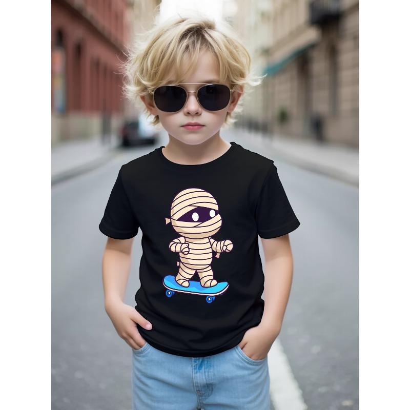 European Size Boys Round Neck Short Sleeved T Shirt with Cartoon Mummy Pattern Print 98cm