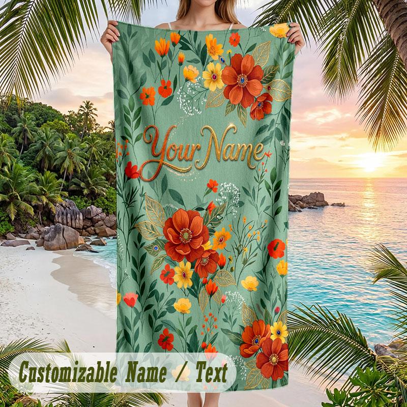 Floral Butterfly Garden 1 Theme Quick Dry Beach Towel Custom Name Text Print Large Sand Resistant Towel Beach Vacation
