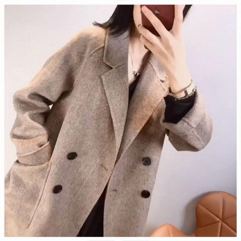 Damen Fischgräten-Wollmischung Mantel Winter Lockerer Oversized Blazer Jacke mit Revers