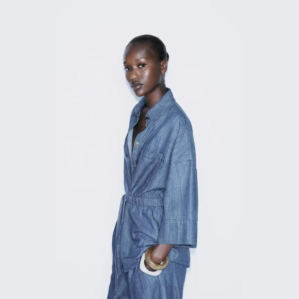 Women's Early Autumn Denim Set: Turn-Down Collar Tie-Waist Shirt & Draping Wide-Leg Pants
