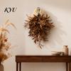 Country Style Fireplace Decoration Artificial Autumn Olive Leaf Wreath for Front Door, Retro Hanging Garland Harvest Festival Wall with Bow