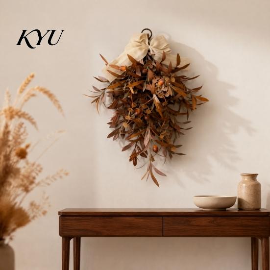 Country Style Fireplace Decoration Artificial Autumn Olive Leaf Wreath for Front Door, Retro Hanging Garland Harvest Festival Wall with Bow