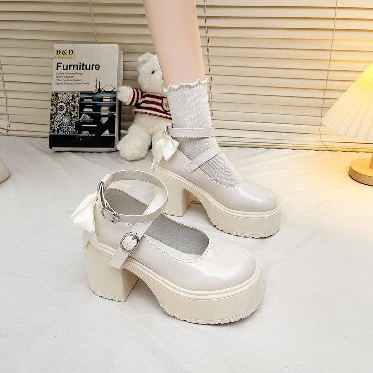 

Французские маленькие кожаные туфли женские весна, лето и осень на платформе с высоким каблуком с одной пряжкой, новинка 2024 года, легкие туфли на толстом каблуке в стиле феи 40