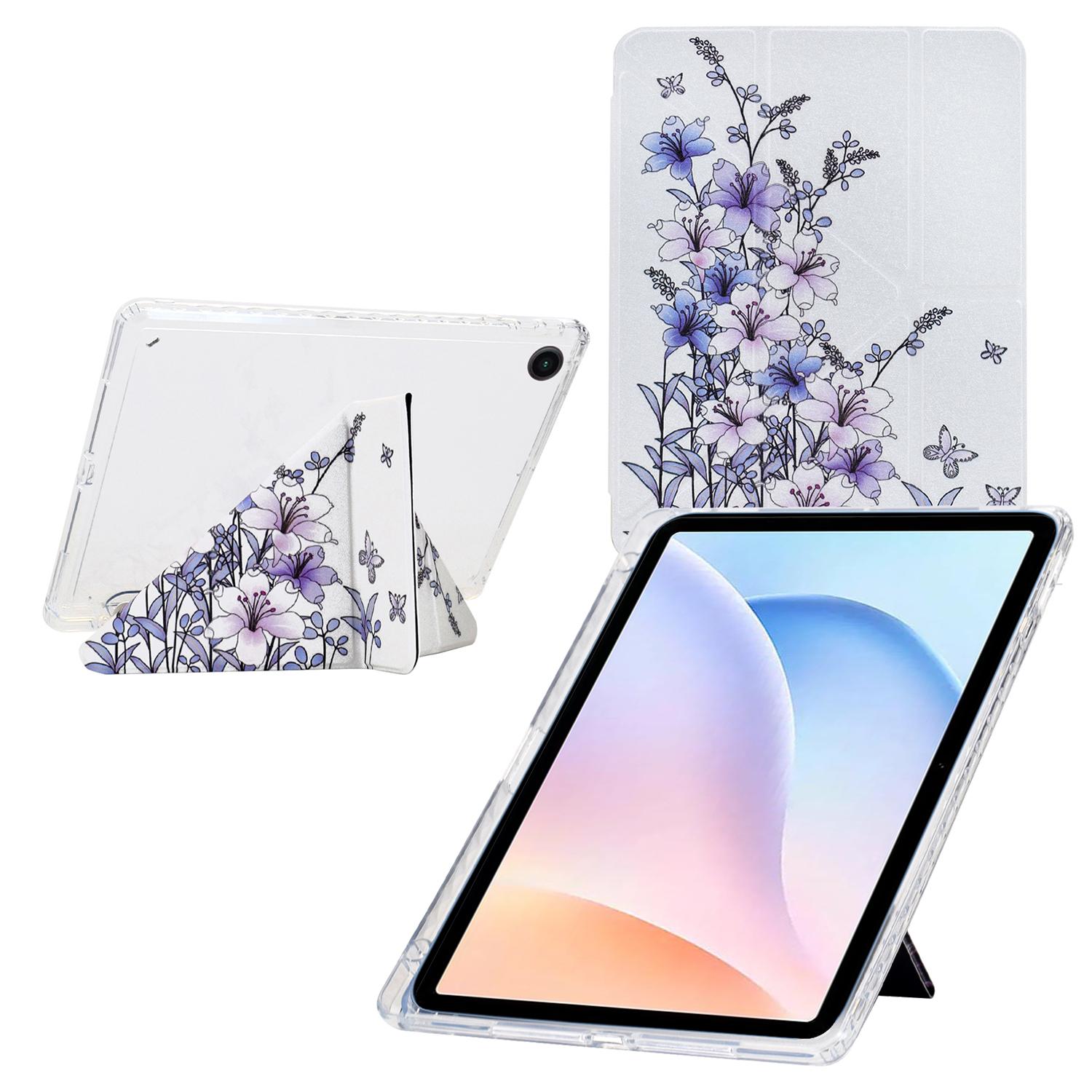 

For Samsung Galaxy Tab A9+ Case Y-Fold Stand Pattern Print Leather+Clear Acrylic Tablet Cover with Pencil Holder Purple Flower