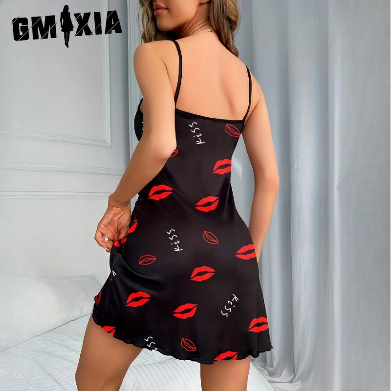 GMXIA Jarní a letní sexy noční košilka Pohodlné dámské domácí oblečení Halter Tištěné šaty