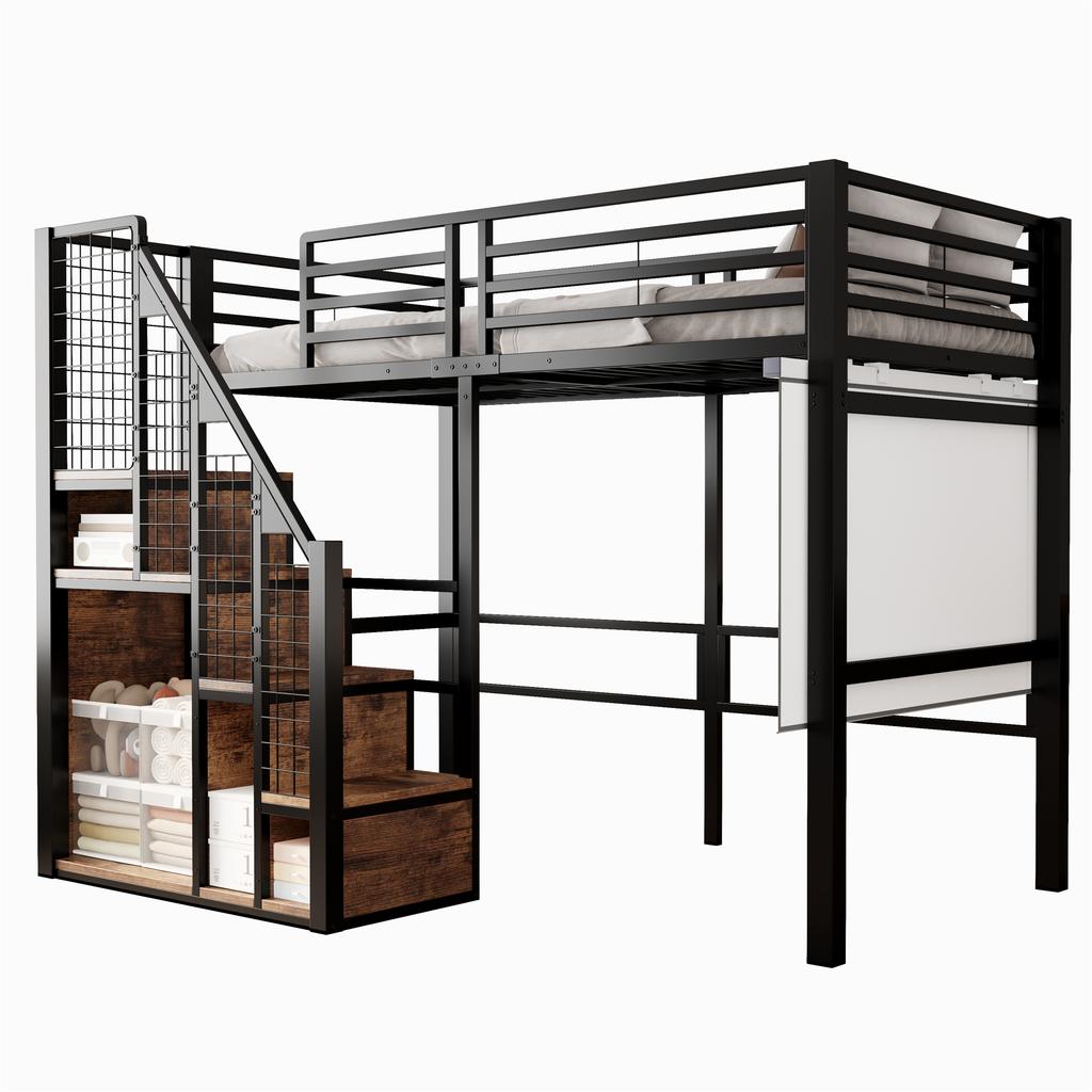 Loft Bed with Safety Ladder 90*200, Children's Bed with Iron Frame and Storage Area, Youth Bed, Single Bed, Black