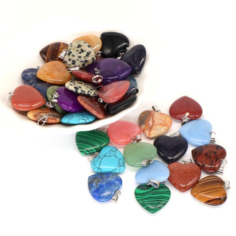 10PC/Set Love Heart Shaped Pendant Natural Stone Rose Quartz Crystal Turquoise Tiger Eye Aventurine Jewelry Making Necklace 20mm