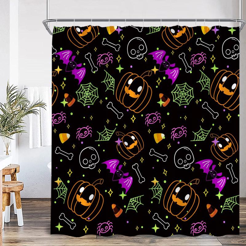 Halloween Shower Curtain Funny Spooky Pumpkin Skull Bat Flower Plant Night Forest Bath Curtains Home Bathroom Decor with Hooks