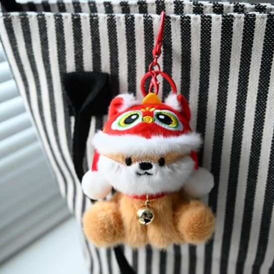 Plush Pendant Lion Dance Dog Keychain Soft Plush Doll Ornament with Hat And Bell Pendant