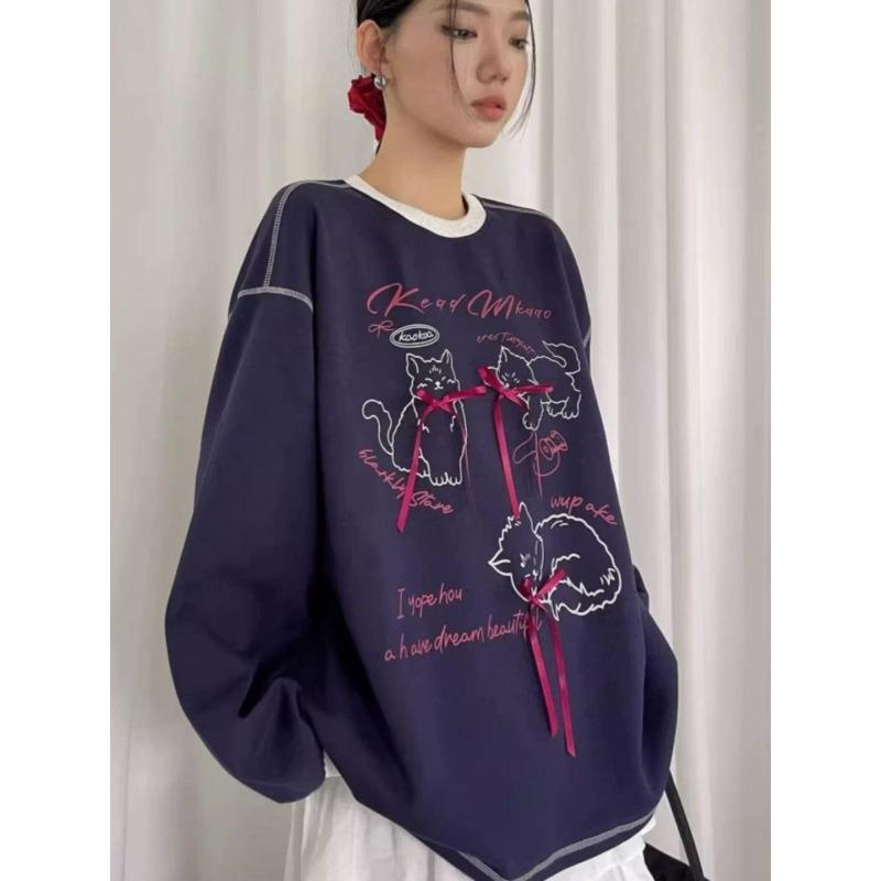 Cat Printed Bow Decoration Woman Hoodie Round Neck Women's Long Sleeved Pullover Tees Autumn Casual Loose Female Fashion Top