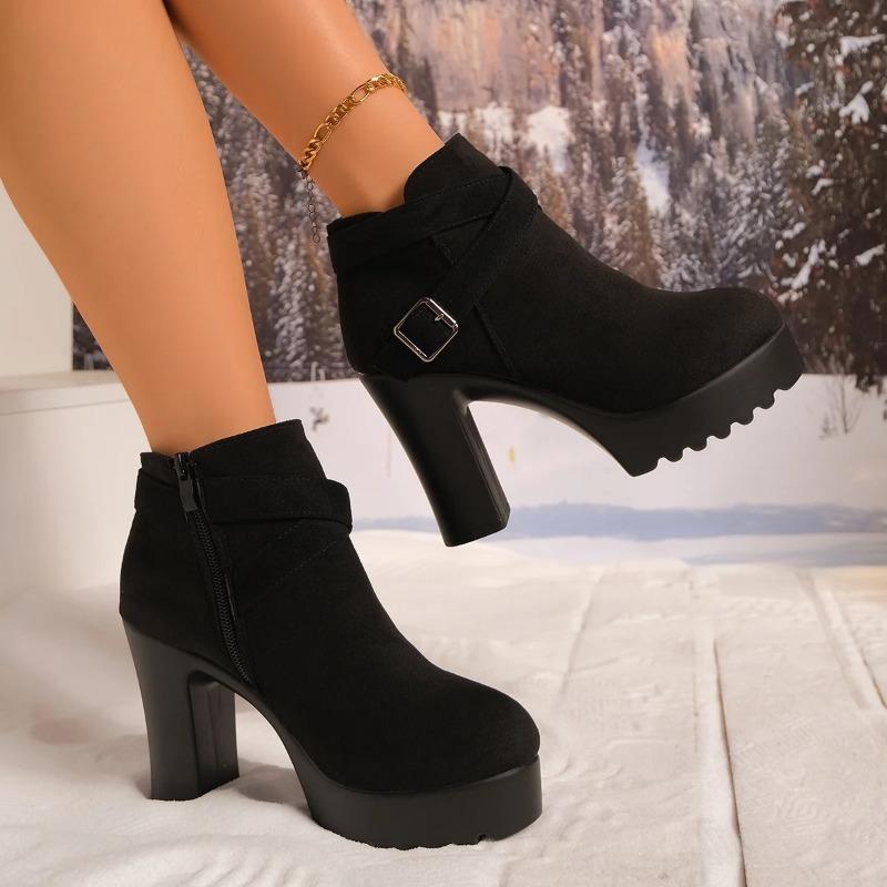 Winter Round Toe Suede Comfortable High Heels Anti Slip Casual Boots Fashionable New Style Sexy Elegant Short Boots for Women