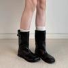 Cowhide Premium Retro Washed Round Head Belt Buckle Flat Bottom Knight Boots Women's Medium Boots Short Boots