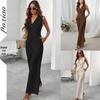 European & American Solid Color V-Neck Sleeveless High-Waist Women's Pantsuit with Button Detail