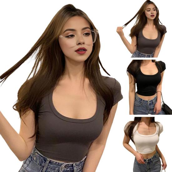 Women Cropped Tops Fit Tee Solid Sleeve Stretchy T-shirt U-Neck Short Color Slim Shirt Short