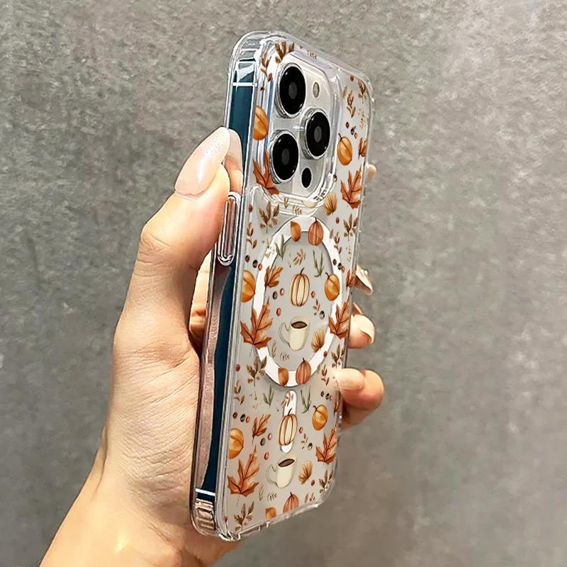 Pumpkin Autumn Leaves Coffee Phone Case for iPhone 17 16 15 14 13 12 11 Pro Max 16e 7 8 Plus X XR XS Magnetic Clear Hard Cover