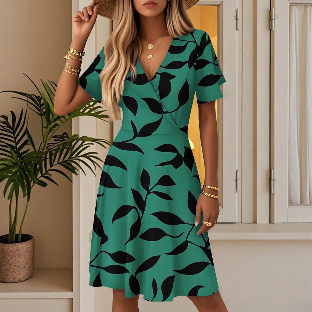 Women's Summer Fashion Leaf Print Dress Casual Beach A-line V-neck Loose Sundress