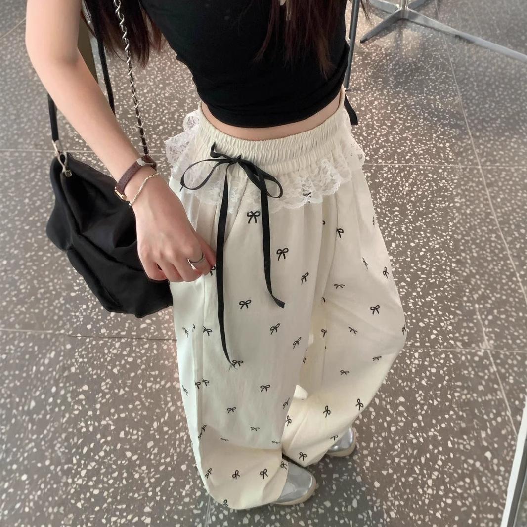 

Sweet & Spicy Lace Patchwork Bow Pants - Women s Summer Loose Wide Leg Elastic Waist Pants. Medium