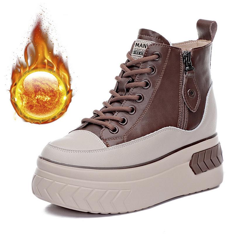 Genuine Leather Winter Shoes Women Snow Boots Flat Non-slip Warm Plush Ladies Ankle Boots Thick Sole Height Increasing 8cm