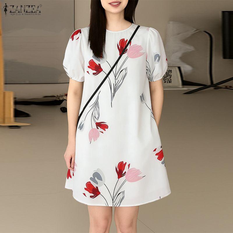 ZANZEA Women Casual Round Neck Short Sleeve Summer Print Dress