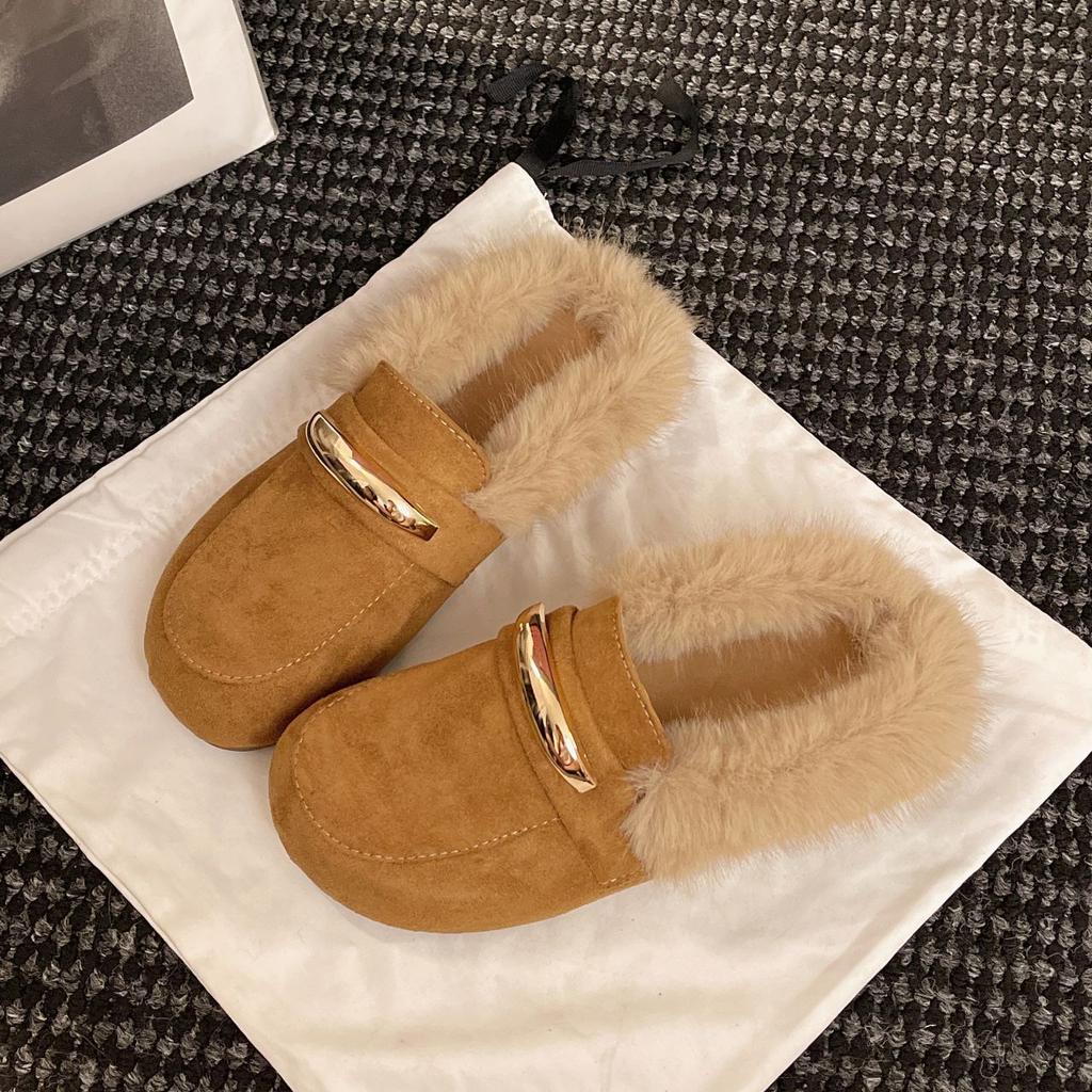 Korean version of retro metal fluffy slippers women's outer wear 2025 autumn and winter new lazy Muller shoes bag head loafers