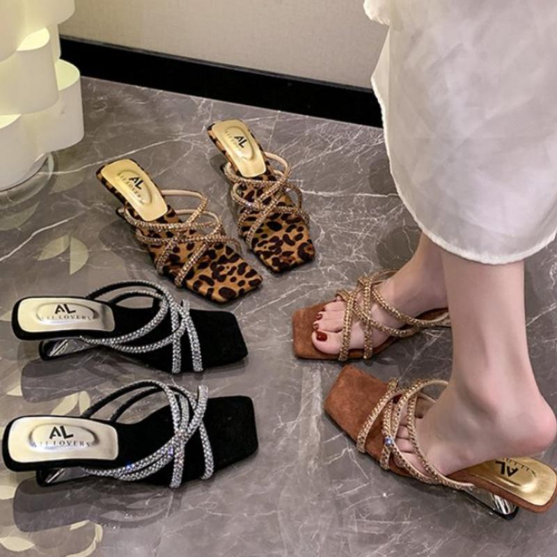 Women Sandals 2025 New Summer Rhinestone Ankle Strap Roman Shoes Ladies High Thick Square Heels Simplicity Sexy Shoes Female