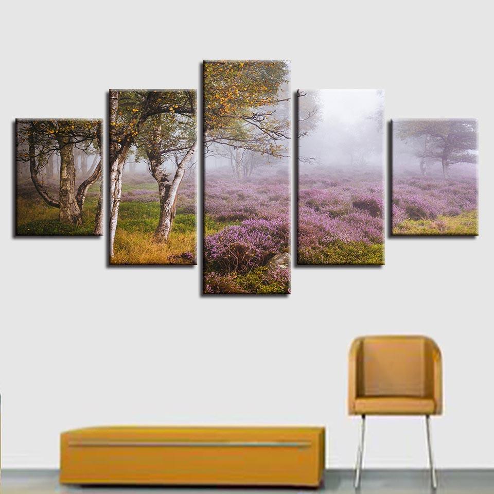 

Модульные картины на холсте, настенное искусство, 5 шт., цветы лаванды и деревья, природные пейзажи, картины, украшения для гостиной, HD принты