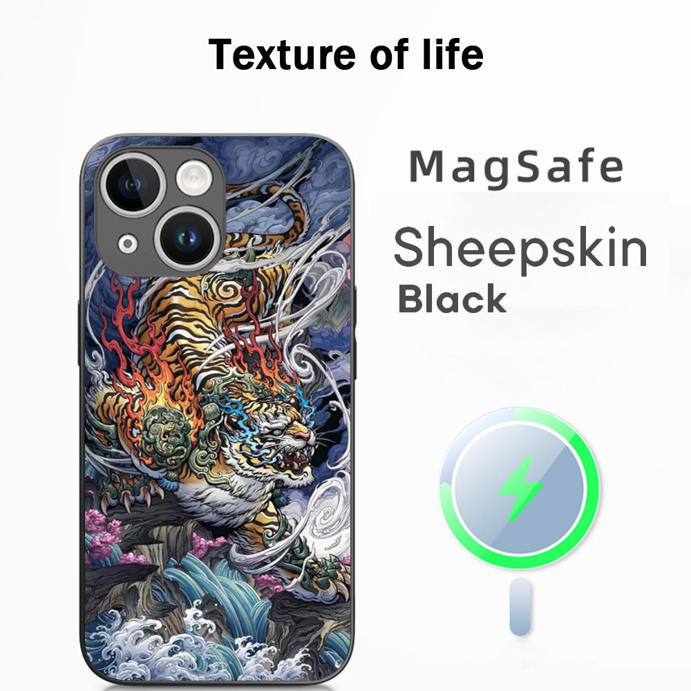 Japanese Tiger Art fashion design Phone Case For iPhone 16 15 14 13 12 11 Plus Pro Max  High-end Luxury Magsafe Sheepskin