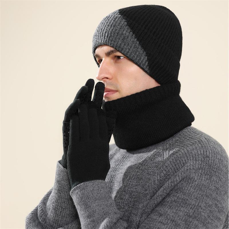 Winter Wool Hat Men Color-Matching Cashmere Knitted Hat Gloves Neck Set Three-Piece Thick Cold-Proof Cap