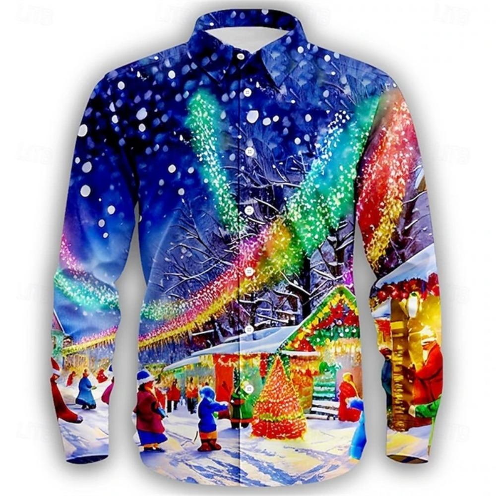Men Button‑up Long Sleeve Shirt Festive Christmas‑snow‑village Art Motif Turn‑down Collar Year‑end Theme‑party Gathering Outfit