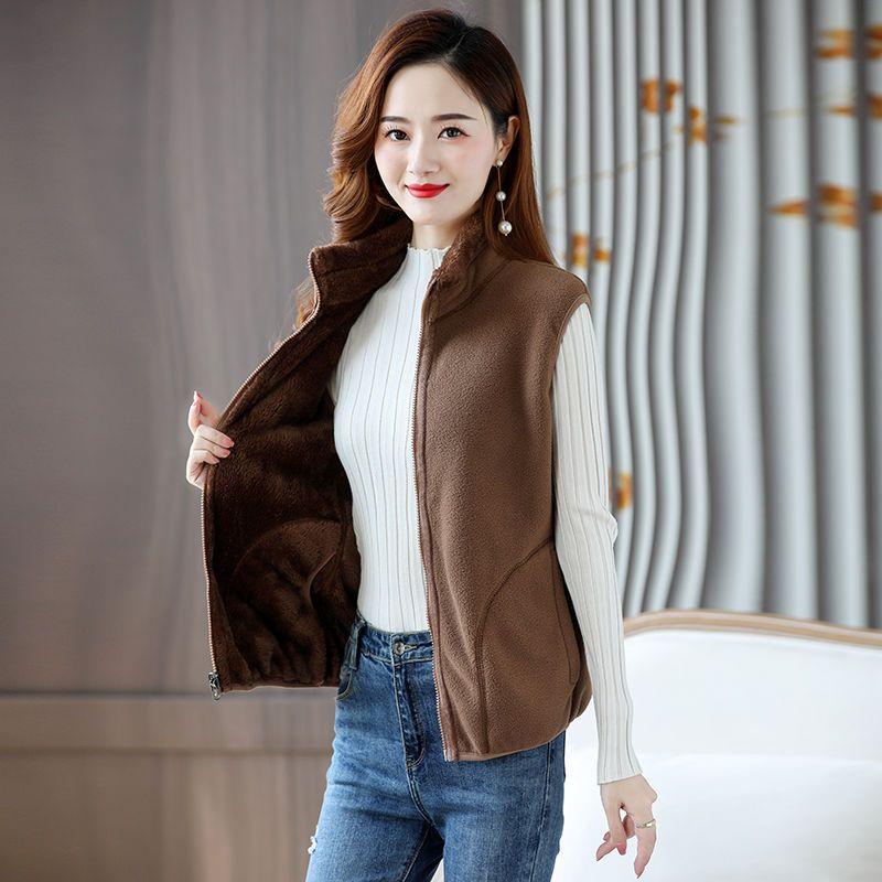 Autumn and Winter Women's Stand Collar Spliced Zipper Pocket Fashion Solid Color Double Sided Casual Sleeveless Vest