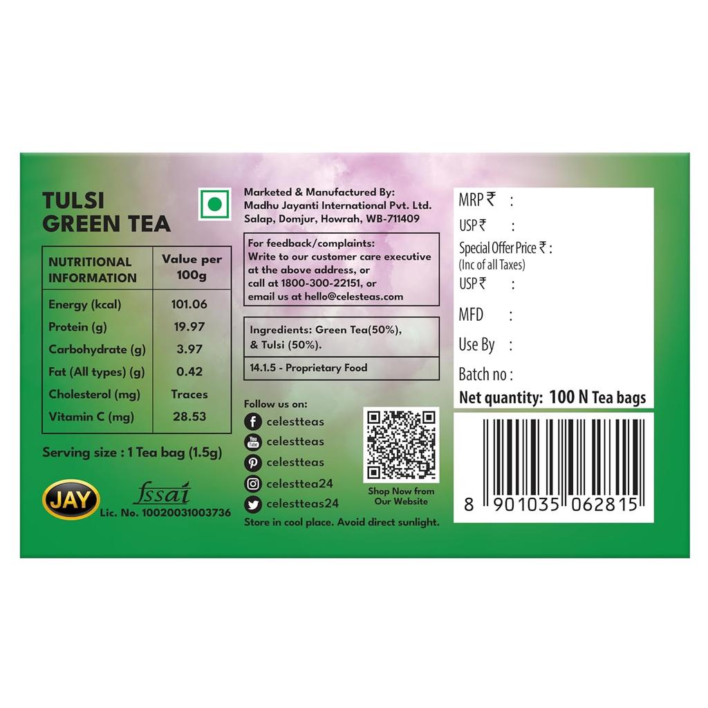 Celest Tulsi Green Tea 100 Bags | Natural Tulsi Green Tea Bags for Wellness and Detox
