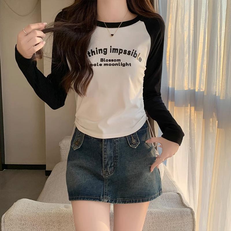 American letter print long-sleeved T-shirt with contrasting color raglan sleeves, pure cotton drawstring waist and age-reducing top for autumn