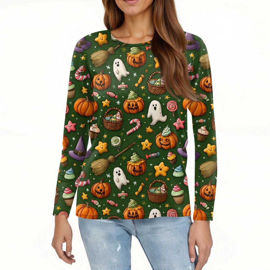 Women's Fashion Casual Long Sleeve Halloween Print Round Neck Top